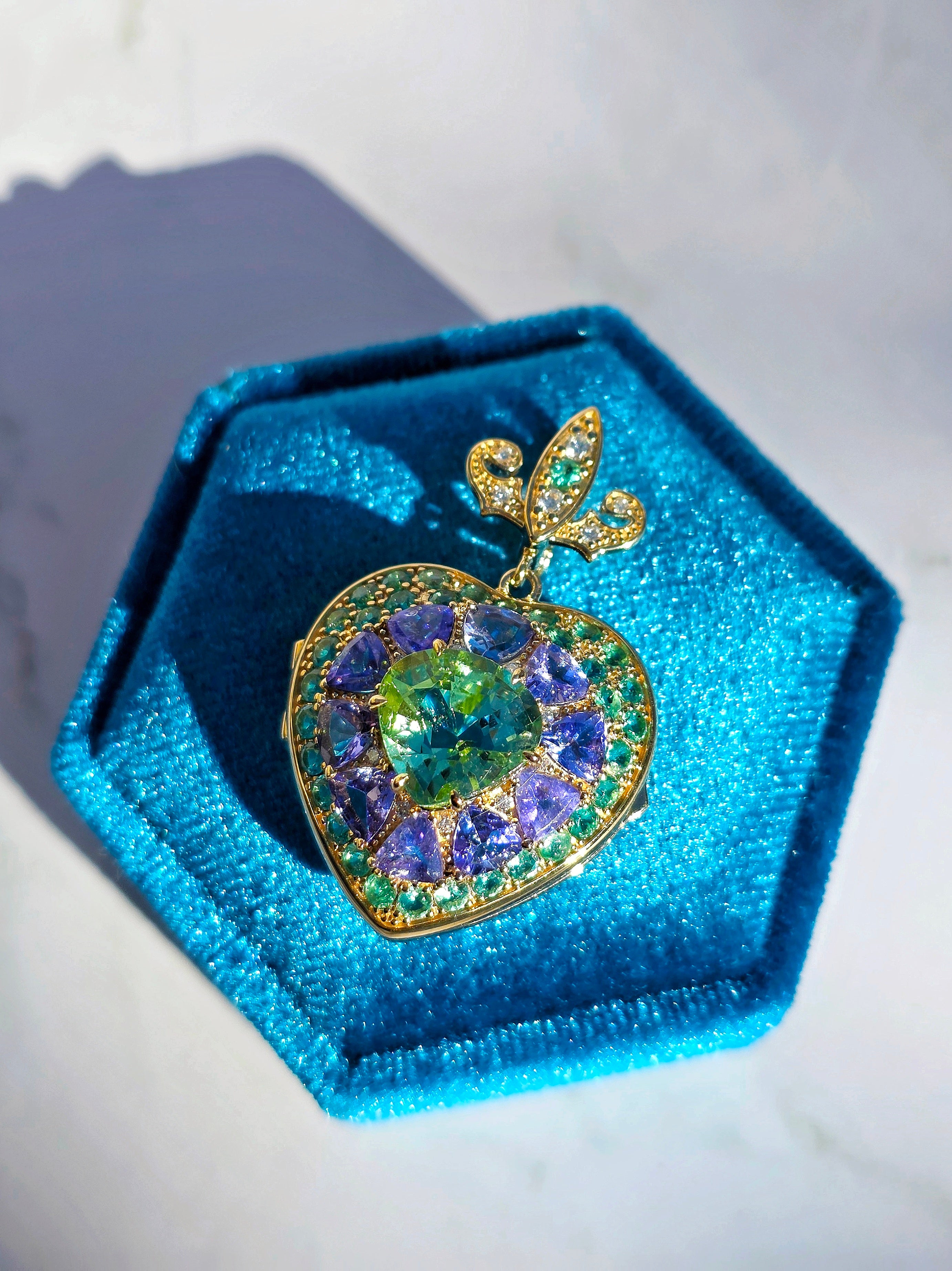 14k Yellow Gold Heart Locket Pendant with Mint Tourmaline, Tanzanite, Emerald, Diamond | Indulgems