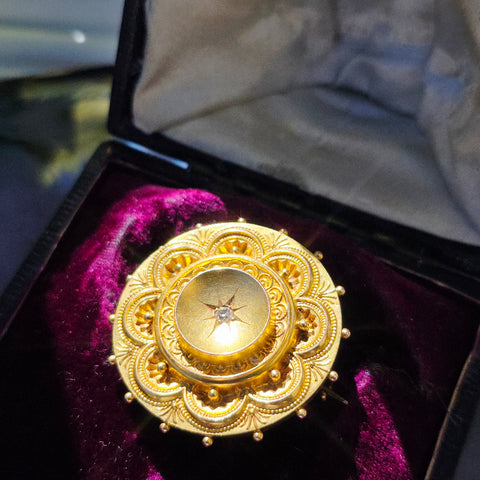15K Yellow Gold Antique Diamond Round Brooch Locket  | Indulgems
