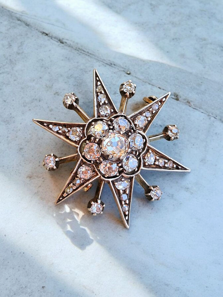 14K Yellow Gold & Silver - Antique Diamond Star Brooch | Indulgems | Designs in Real Gold