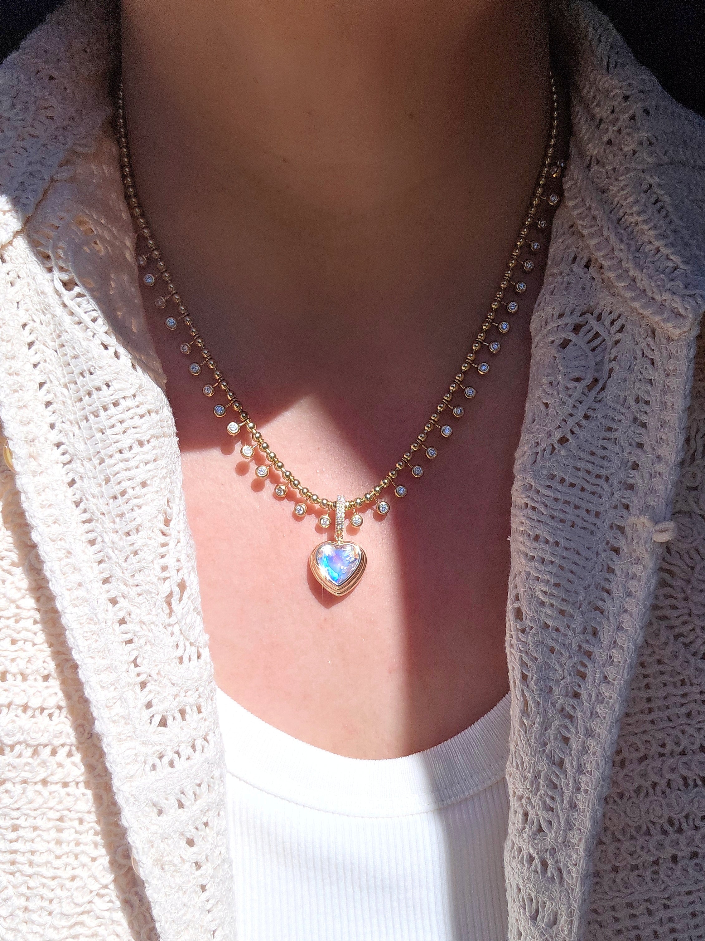 18k Solid Gold Madagascar Rainbow Moonstone Heart Pendant | Indulgems