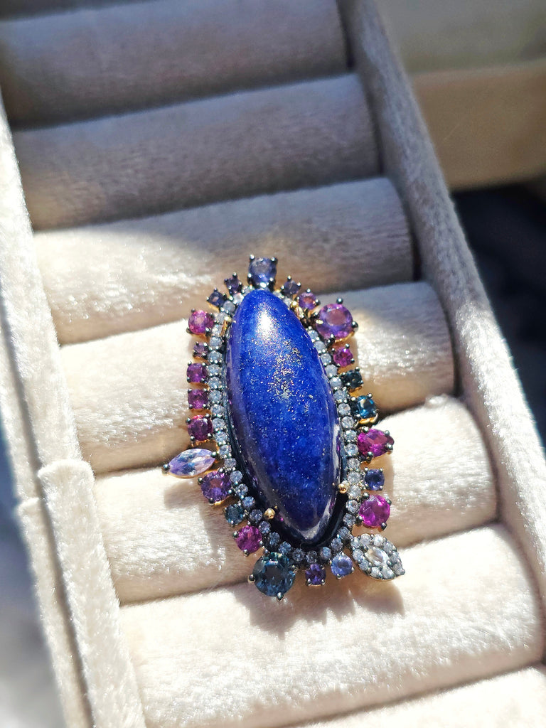Vermeil in Sterling Silver & 18k Gold Lapis Lazuli, Blue Topaz, Tanzanite, Rhodolite Garnet & Diamond Statement Cocktail Ring size 8