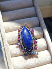 Vermeil in Sterling Silver & 18k Gold Lapis Lazuli, Blue Topaz, Tanzanite, Rhodolite Garnet & Diamond Statement Cocktail Ring size 8
