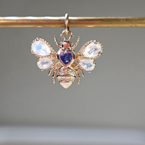 14K Yellow Gold Honey Bee Charm in Heart Shape Tanzanite, Rainbow Moonstone & Diamond Gemstone Pendant