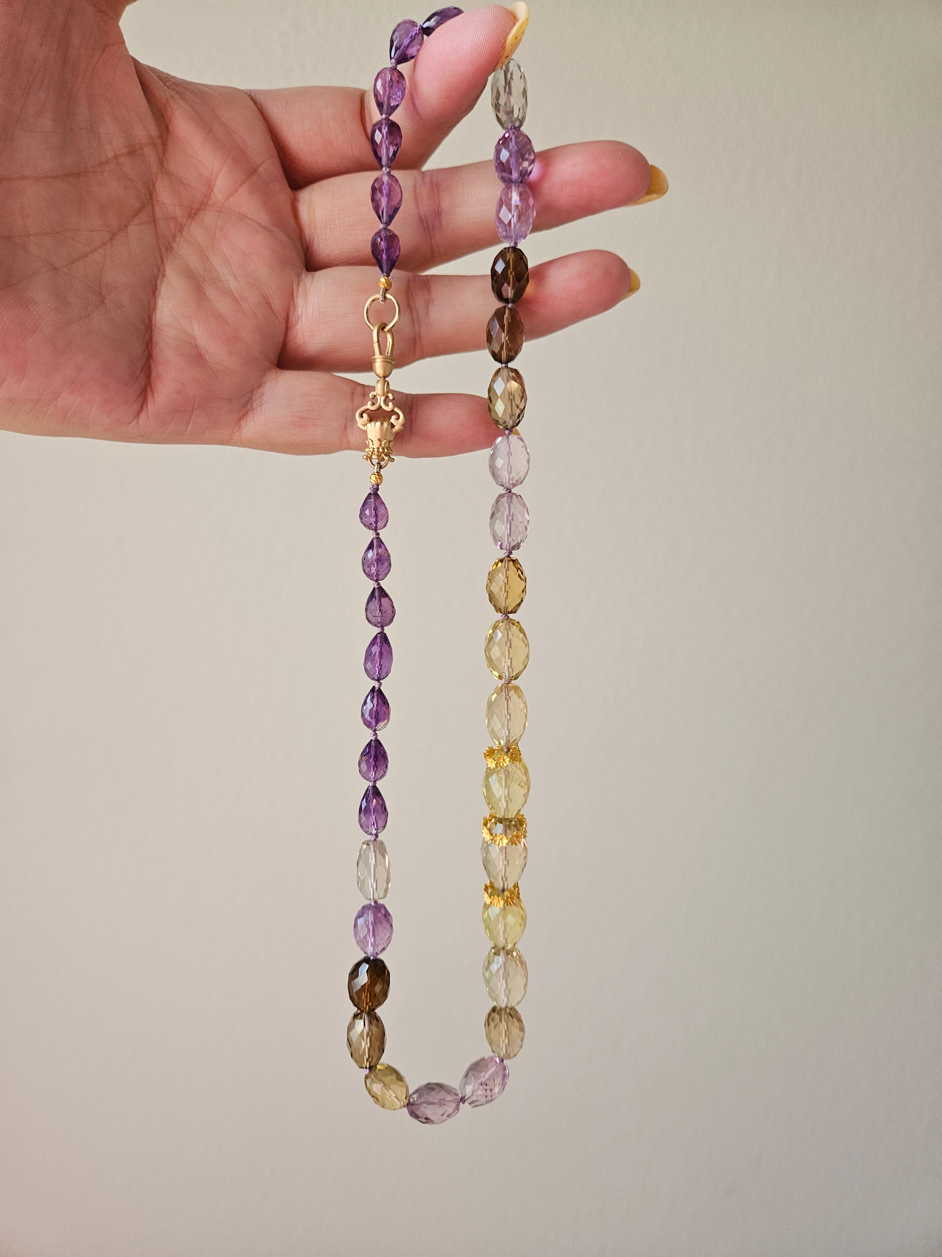 Multicolor Amethyst, Lemon Quartz, Cognac Quartz Large Gemstone Bead Necklace with 18K Yellow Gold Antique Inspired Fist Hand Clasp