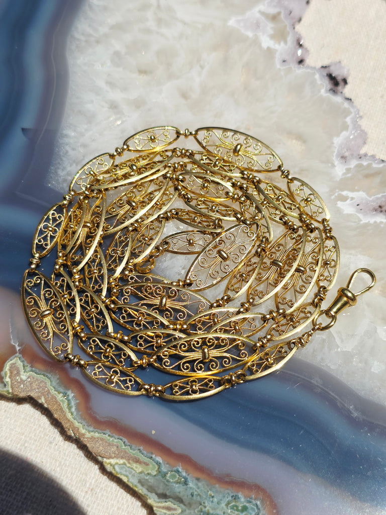 18K Gold Antique Filigree Link Long Chain Necklace 36.5" | Indulgems | Designs in Real Gold