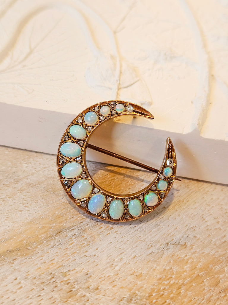 12K Gold Antique Opal & Diamond Crescent Moon Brooch Pendant