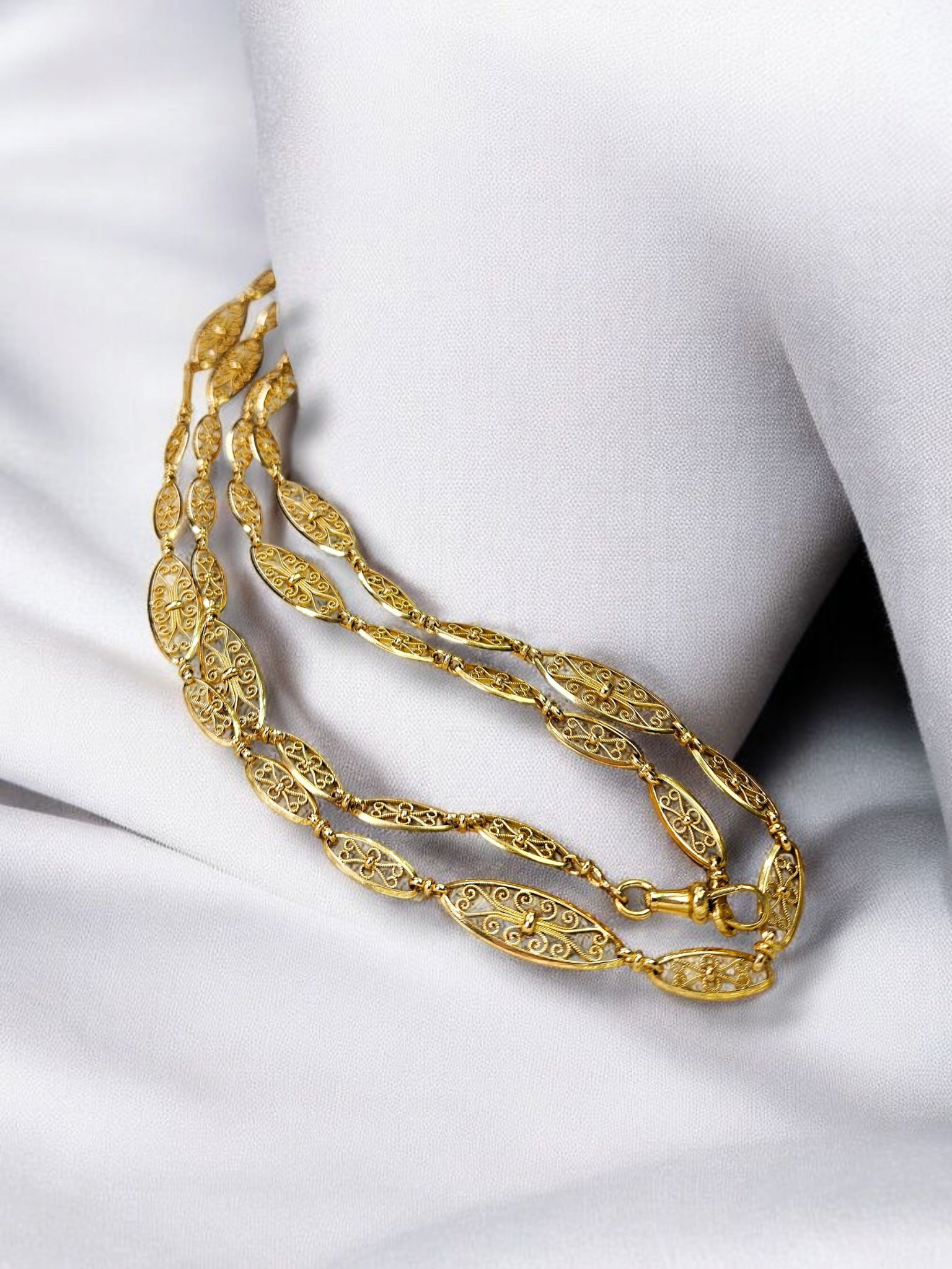 18K Gold Antique Filigree Link Long Chain Necklace 36.5" | Indulgems | Designs in Real Gold