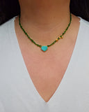 Natural Green Gemstone Chrome Diopside Faceted Bead Necklace with Genuine Top Quality Turquoise Hand Carved Heart Pendant 18K Yellow Gold 17"