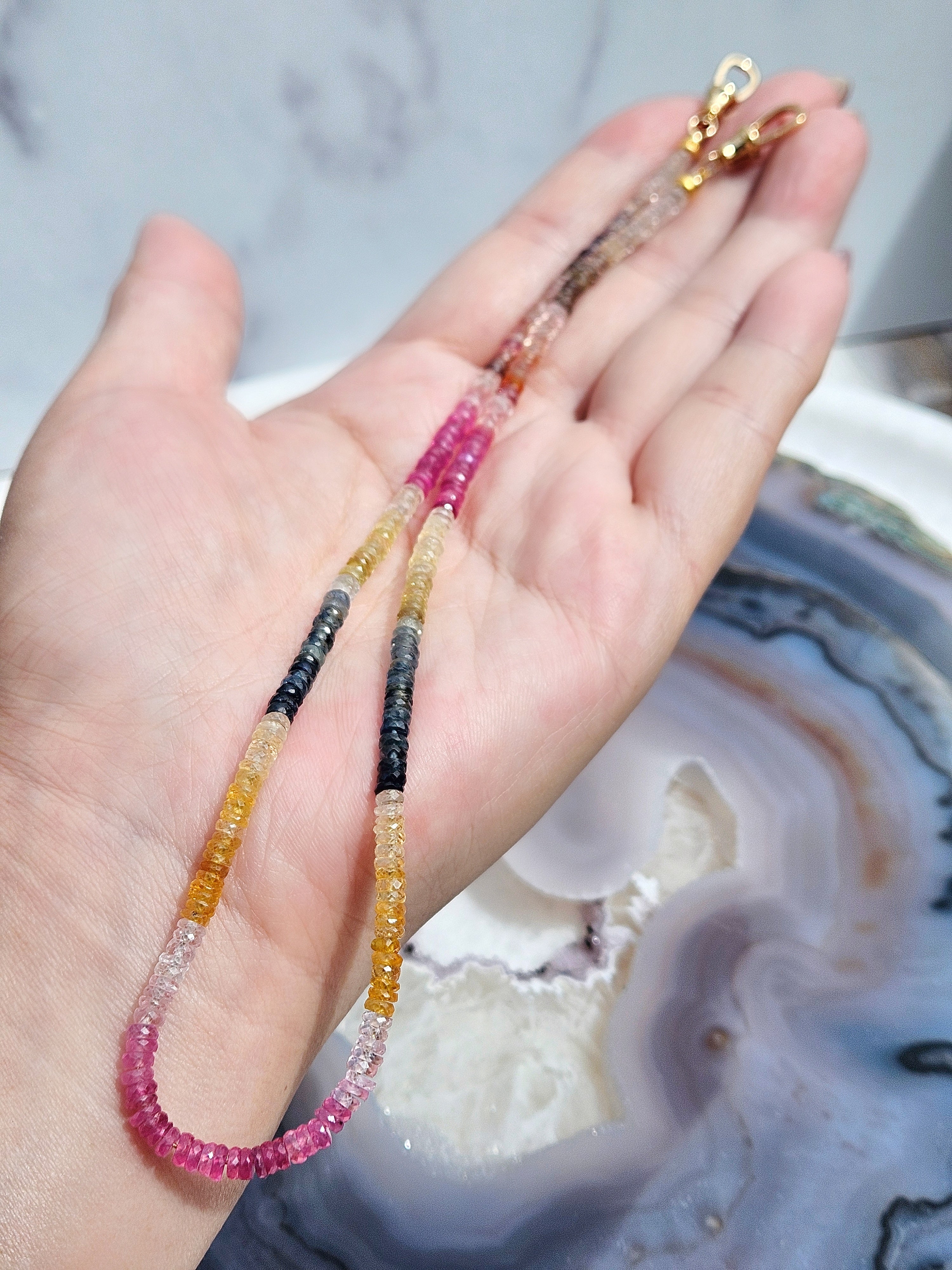 18k Solid Gold Multicolor Sapphire Faceted Gemstone Bead Necklace 17" | Indulgems | Designs in Real Gold