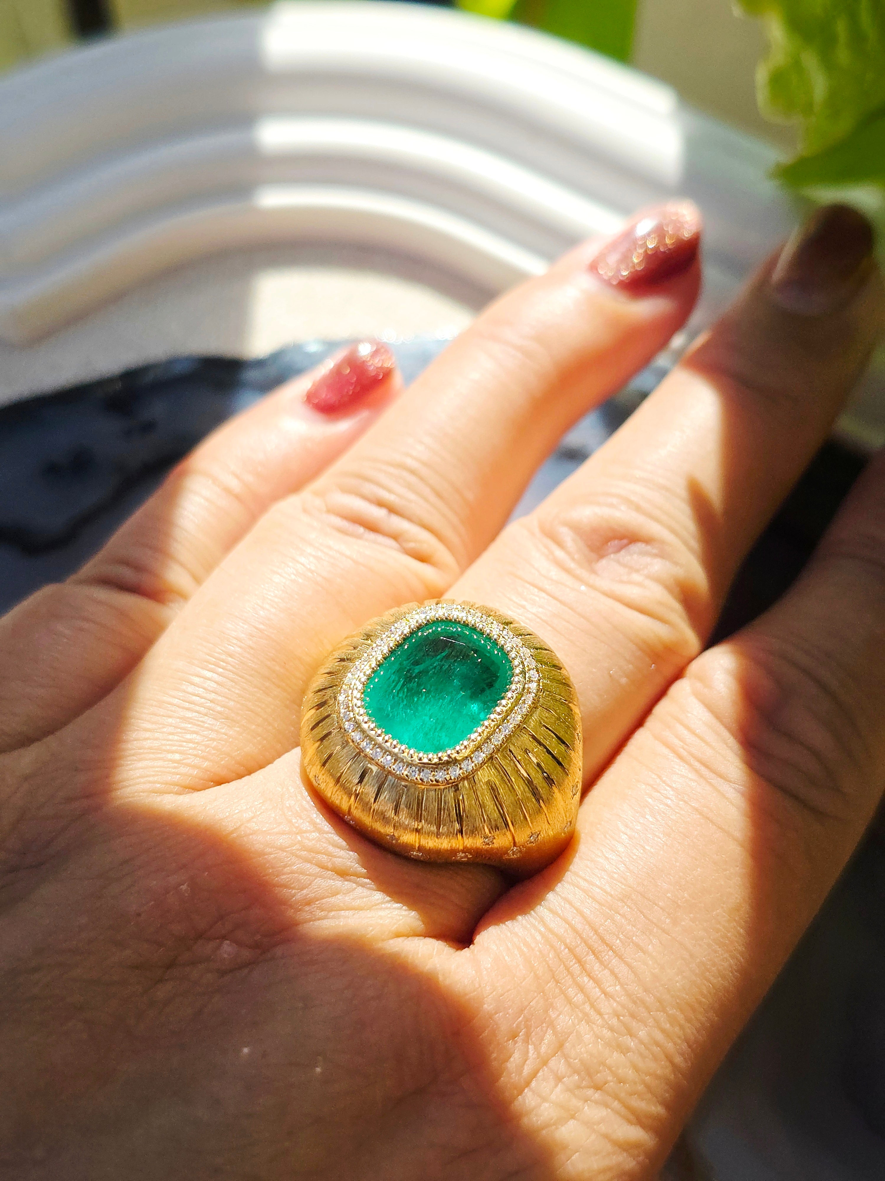 18k Solid Gold 6.8 Carat Zambian Emerald Cushion Statement Signet