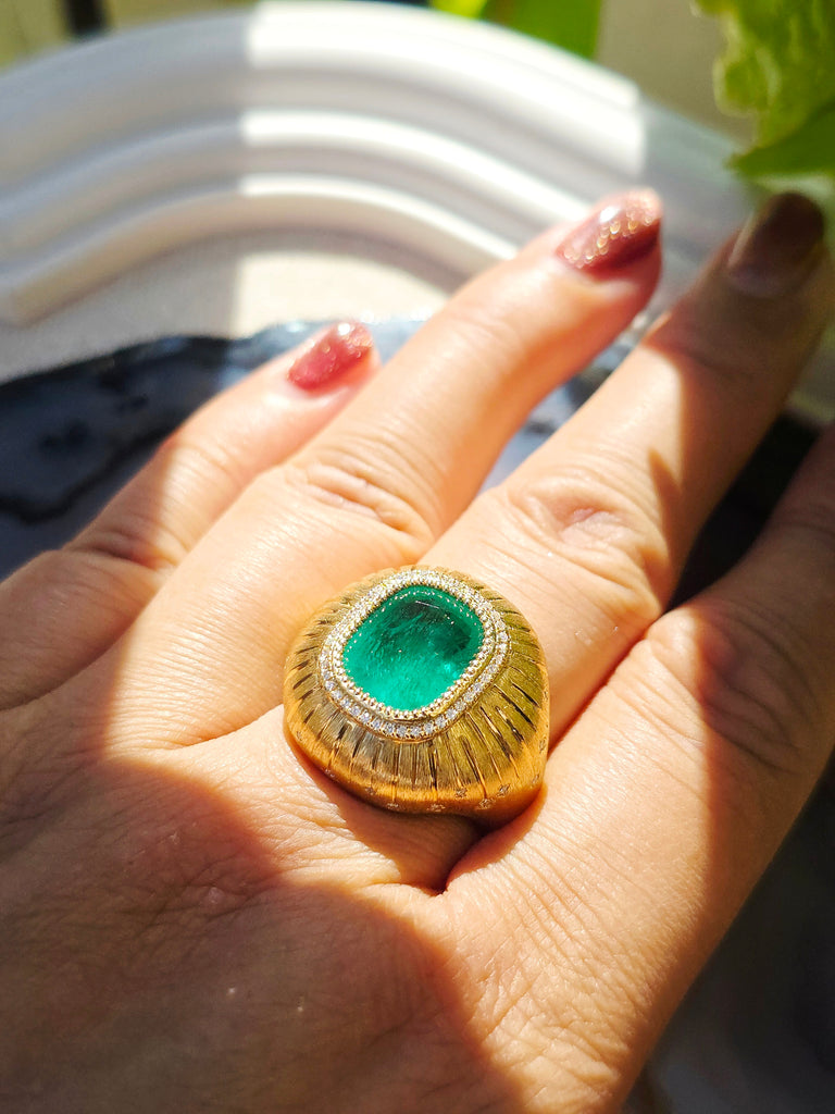 18k Solid Gold 6.8 Carat Zambian Emerald Cushion Statement Signet