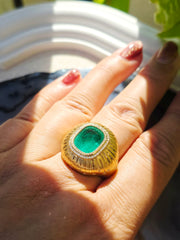 18k Solid Gold 6.8 Carat Zambian Emerald Cushion Statement Signet