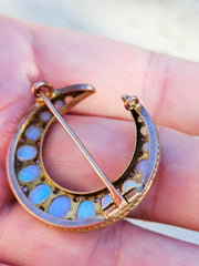 12K Gold Antique Opal & Diamond Crescent Moon Brooch Pendant