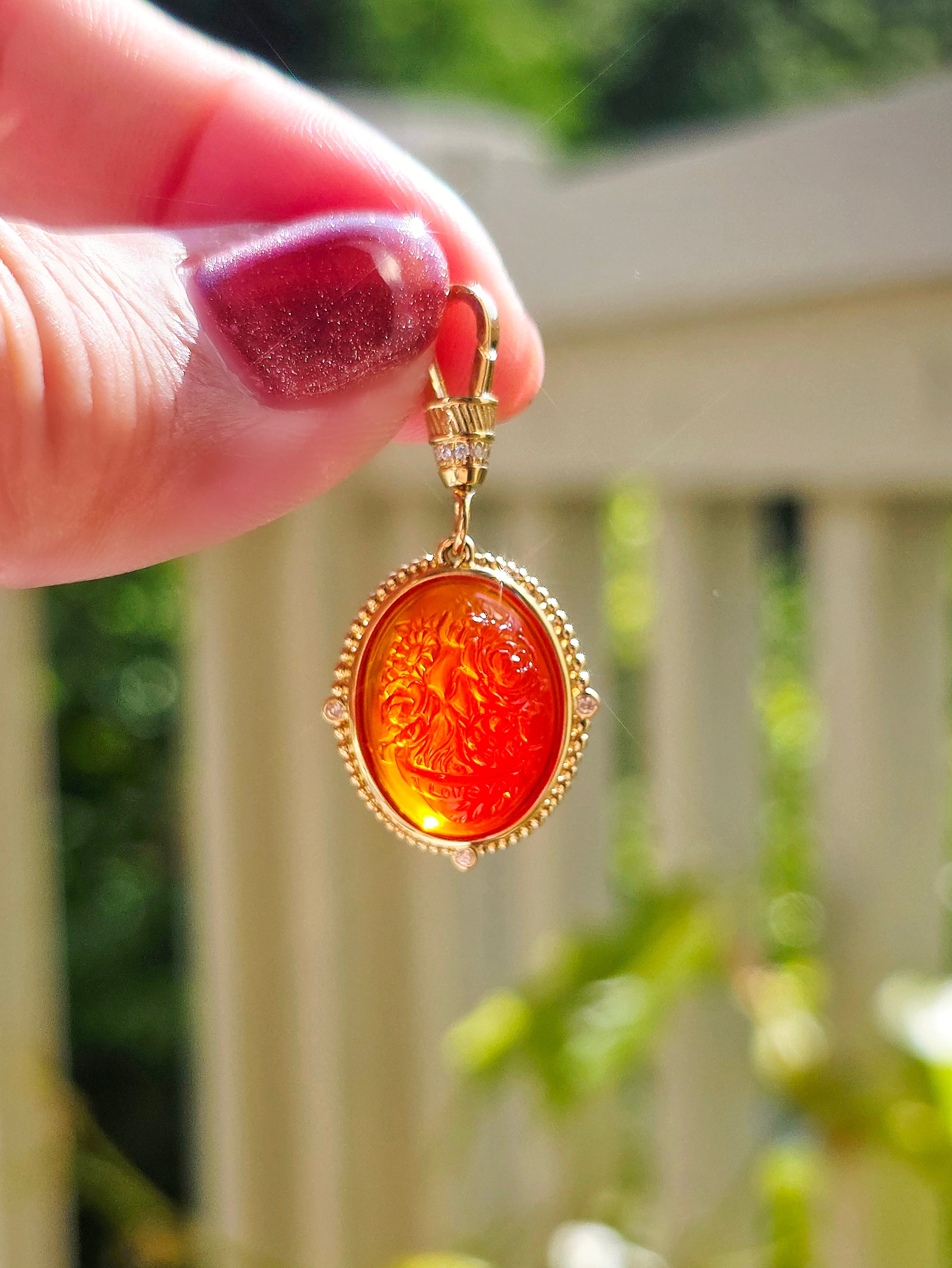 18k Solid Gold Handcarved Red Agate Gemstone Pendant | I Love You | Blooming Heart Motif | Indulgems | Designs in Real Gold | Talisman Collection