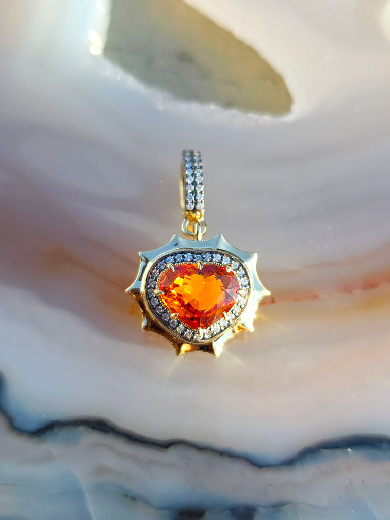 14k Yellow Gold Spessartite Fanta Garnet Gemstone Heart Aurora Halo Pendant | Indulgems