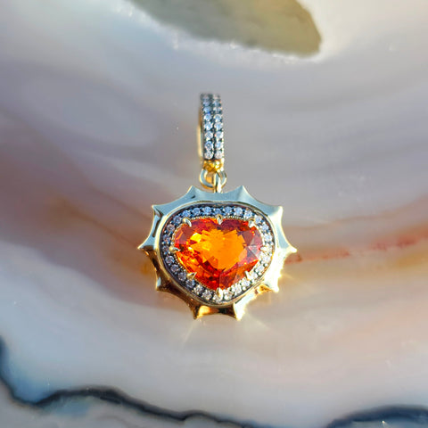 14k Yellow Gold Spessartite Fanta Garnet Gemstone Heart Aurora Halo Pendant | Indulgems