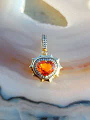 14k Yellow Gold Spessartite Fanta Garnet Gemstone Heart Aurora Halo Pendant | Indulgems