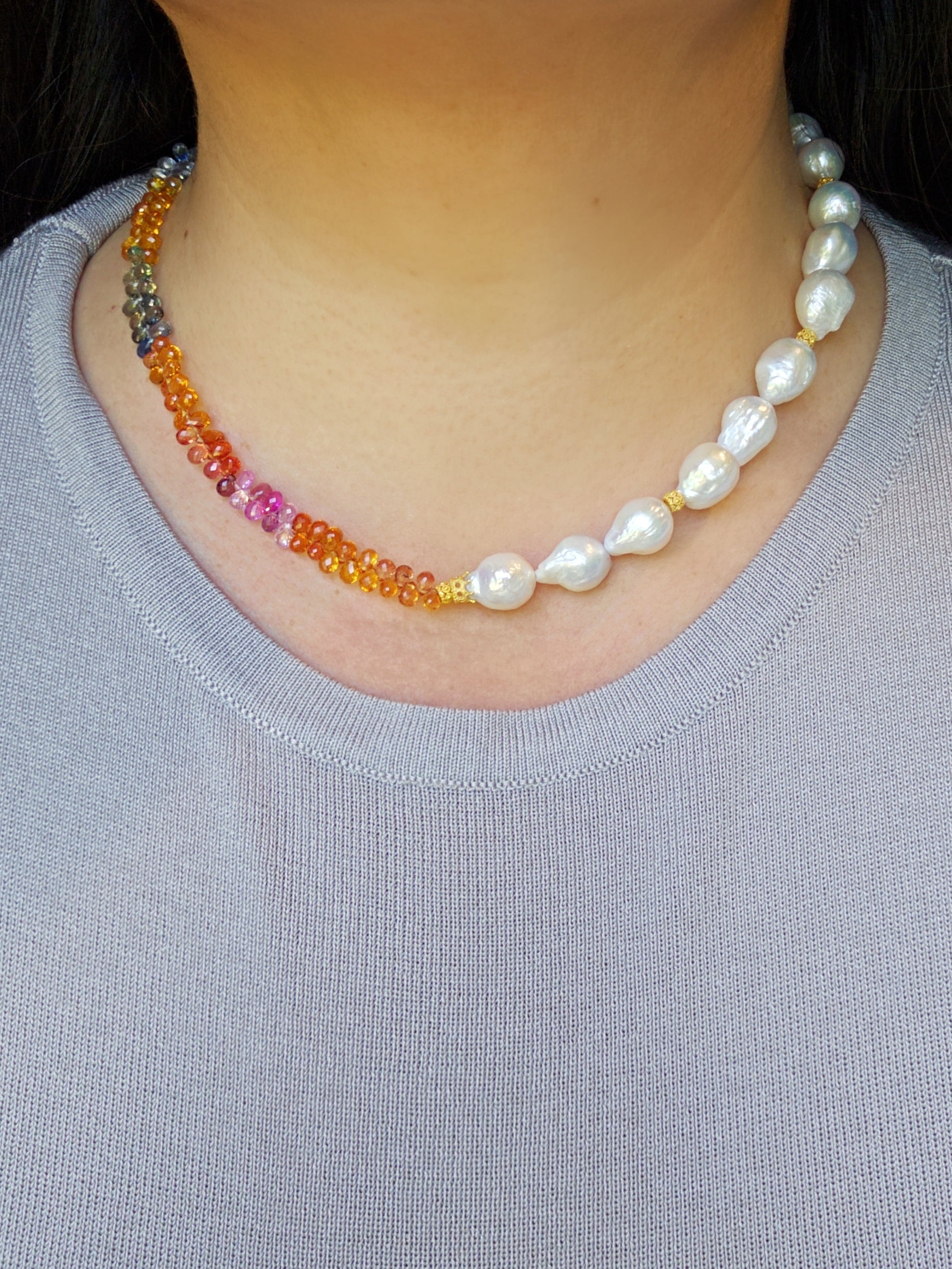 18k Yellow Gold Multicolor Fancy Sapphire Freshwater Baroque Pearl Gemstone Halfsie Necklace 19"