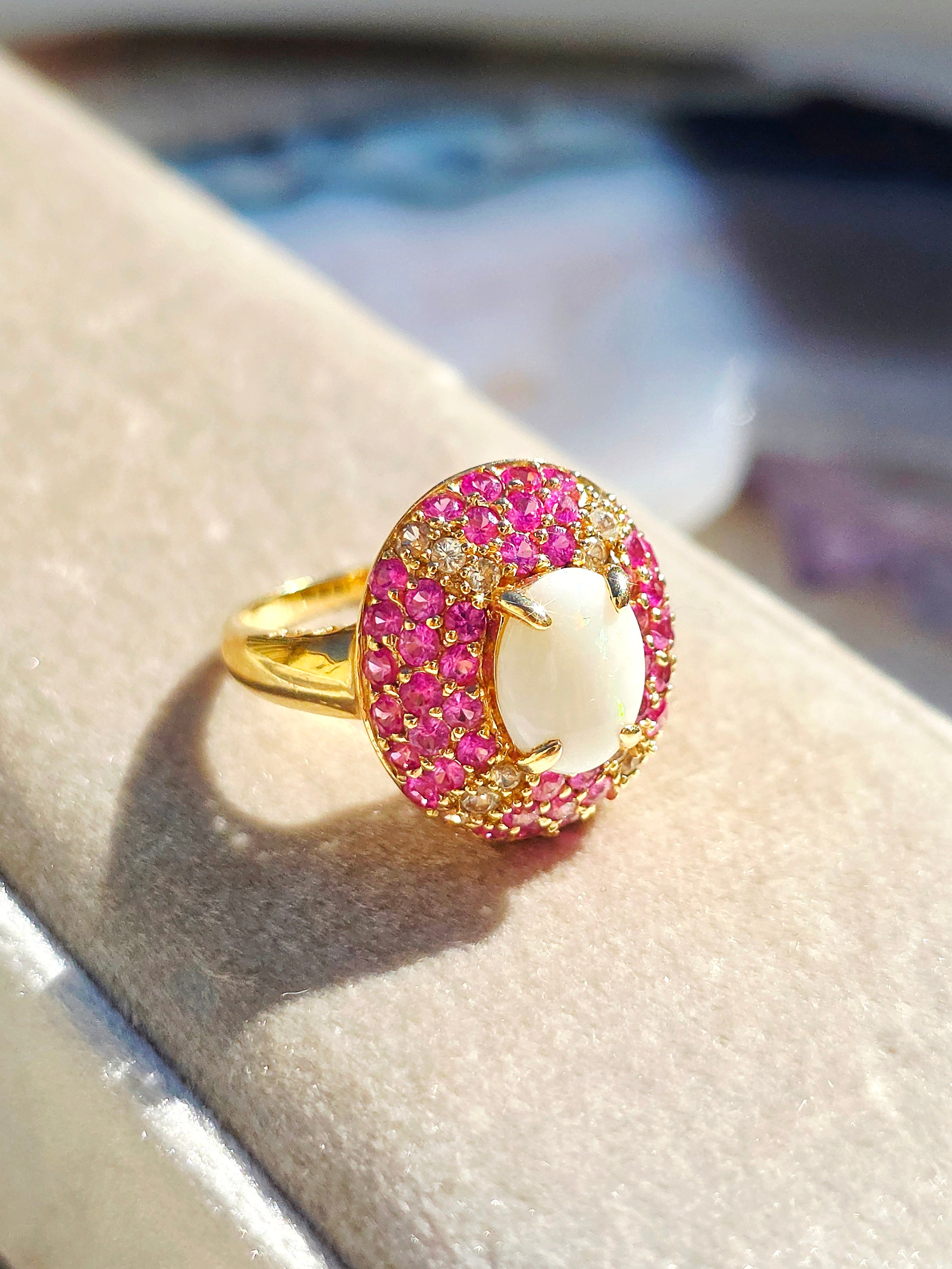 14k Yellow Gold Opal Pink Sapphire Dome Ring sz 8.5 | Indulgems