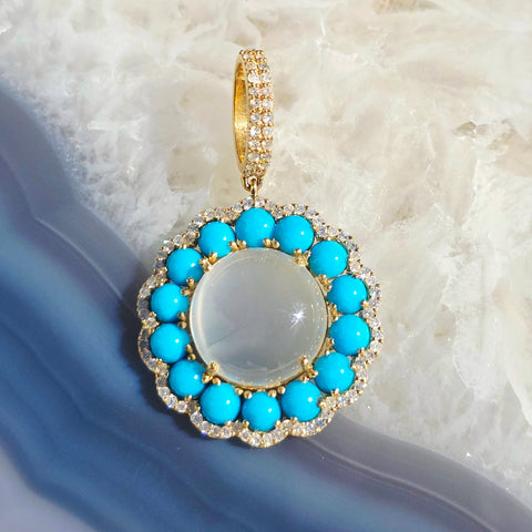 White Moonstone, Sleeping Beauty Turquoise Natural Gemstone Diamond 18K Yellow Gold Pendant