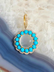 White Moonstone, Sleeping Beauty Turquoise Natural Gemstone Diamond 18K Yellow Gold Pendant