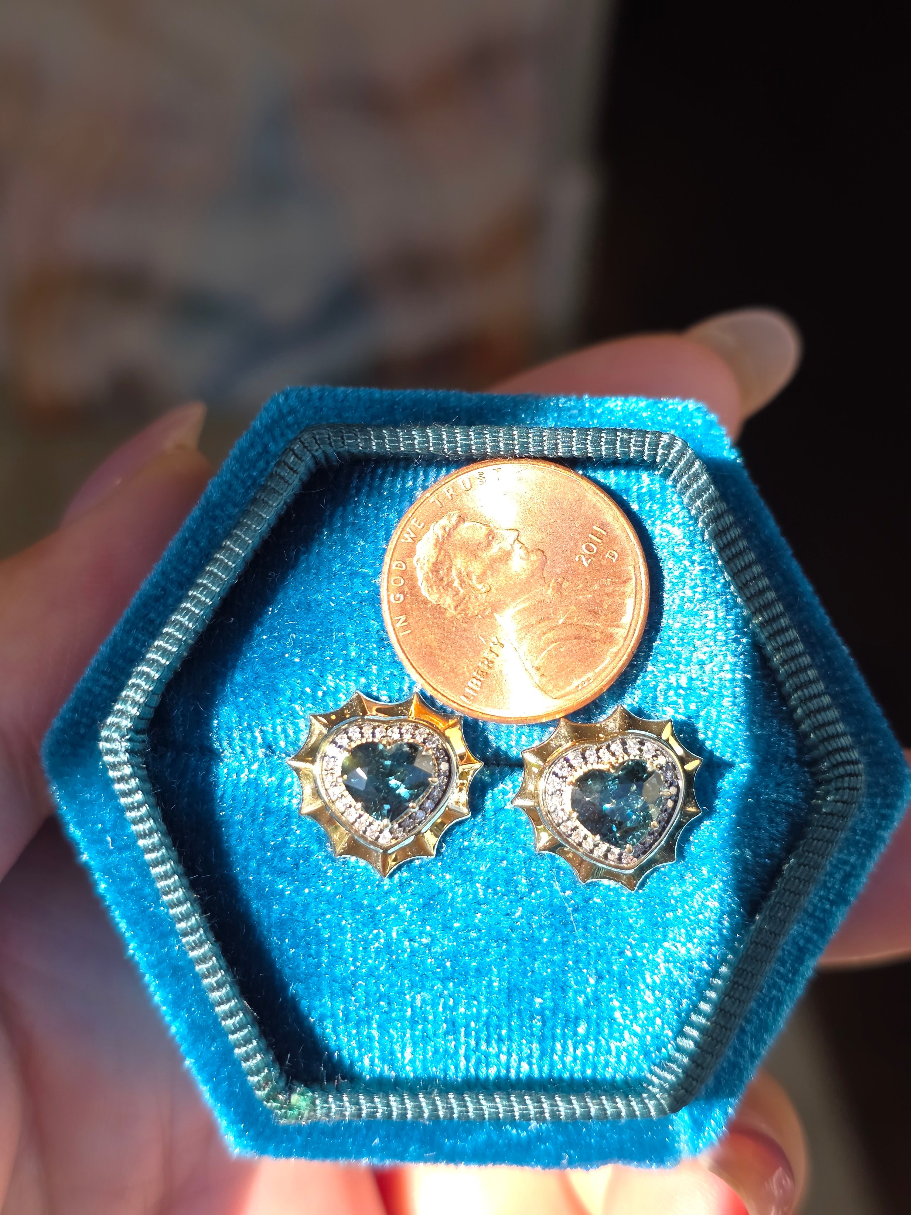 14k Yellow Gold Stud Earrings Burmese Teal Spinel | Indulgems | Aurora Halo