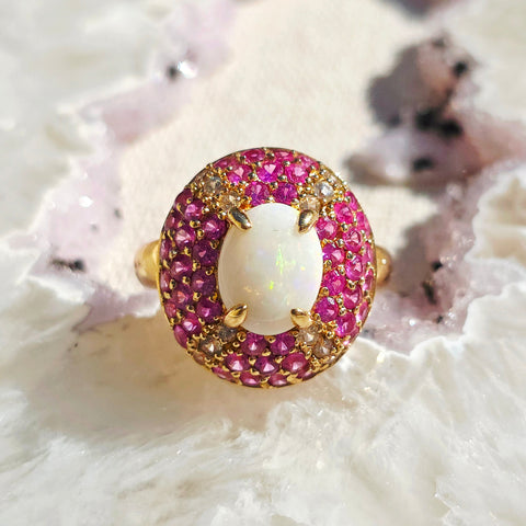 14k Yellow Gold Opal Pink Sapphire Dome Ring sz 8.5 | Indulgems