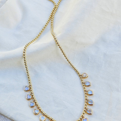 18k Yellow Gold Mimosa Necklace in Rainbow Moonstone Hearts: Deposit for Custom Order