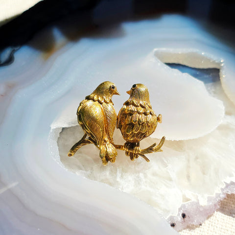 18k Solid Gold Vintage Les Inseparables Lovebirds Brooch | Indulgems