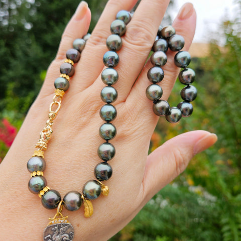 18k Solid Gold Tahitian Pearl Necklace with 3 Charms Oxidized Sterling Silver Coin in 24k Gold