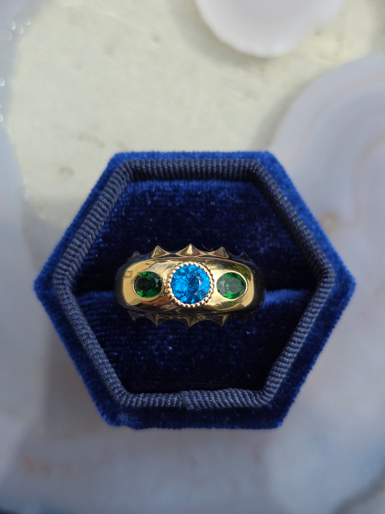 14k Yellow Gold Aurora Band Rings in Emerald & Neon Apatite | Indulgems