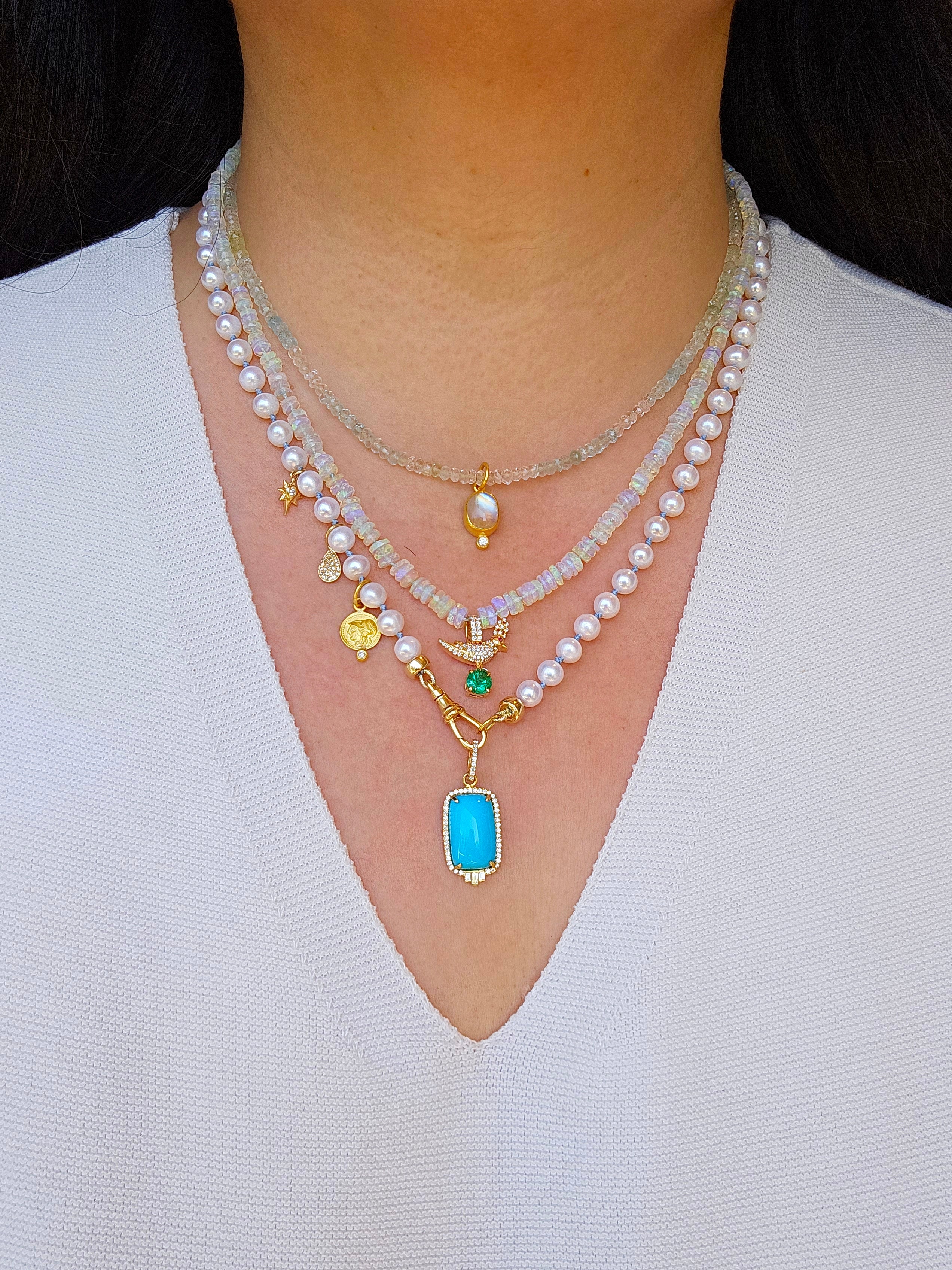 14K Yellow Gold Multicolor Aquamarine Gemstone Necklace 17" with 24K Gold Rainbow Moonstone & Diamond Charm