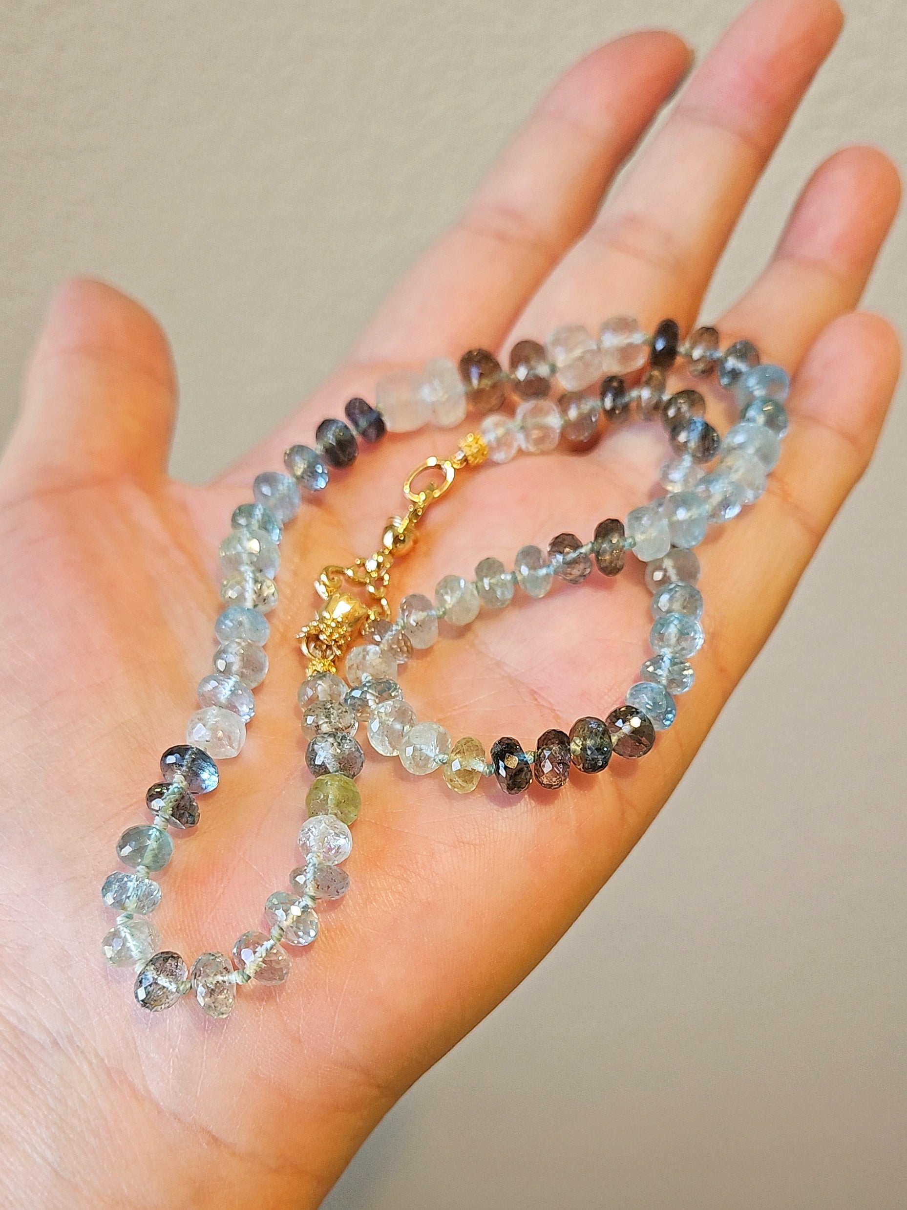 Moss Aquamarine Faceted Gemstone Bead Necklace with 18K Yellow Gold Antique Inspired Hand Fist Clasp 17"