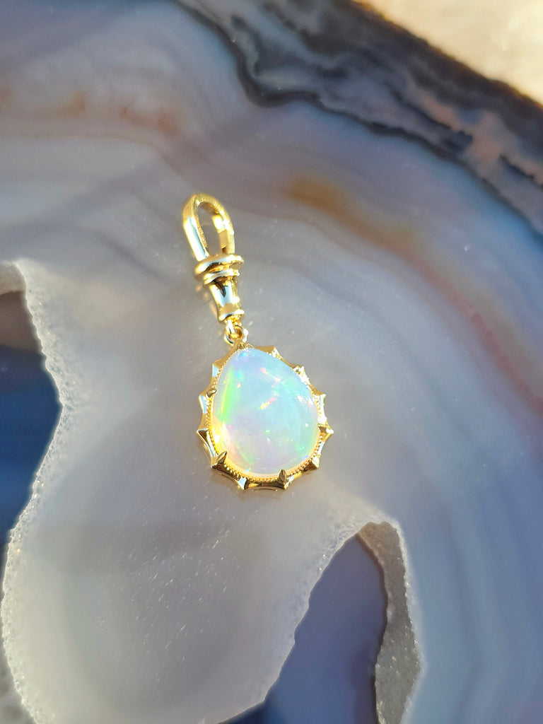 14k Yellow Gold Aurora Pendant with Ethiopian Opal Cabochon | Indulgems