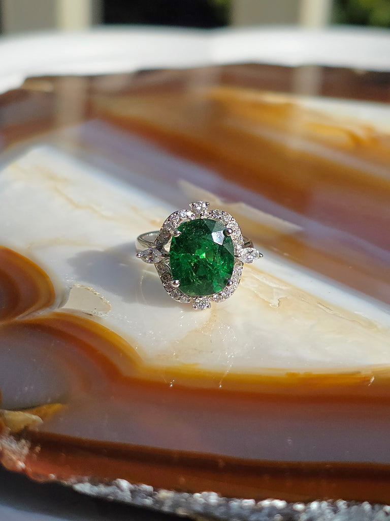 18k Solid White Gold 5.8ct Tsavorite Garnet Diamond Ring  Size 6 | Indulgems