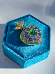 14k Yellow Gold Heart Locket Pendant with Mint Tourmaline, Tanzanite, Emerald, Diamond | Indulgems