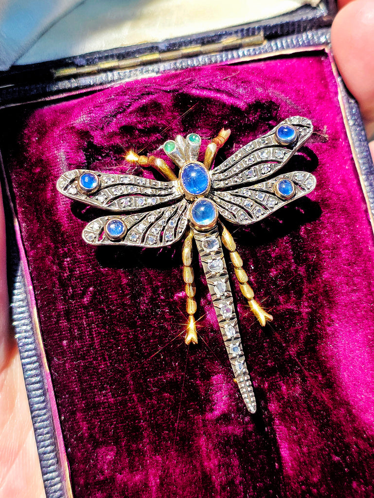 18k Solid Gold & Silver Art Nouveau Antique Dragonfly Brooch with Sapphire and Diamond | Indulgems