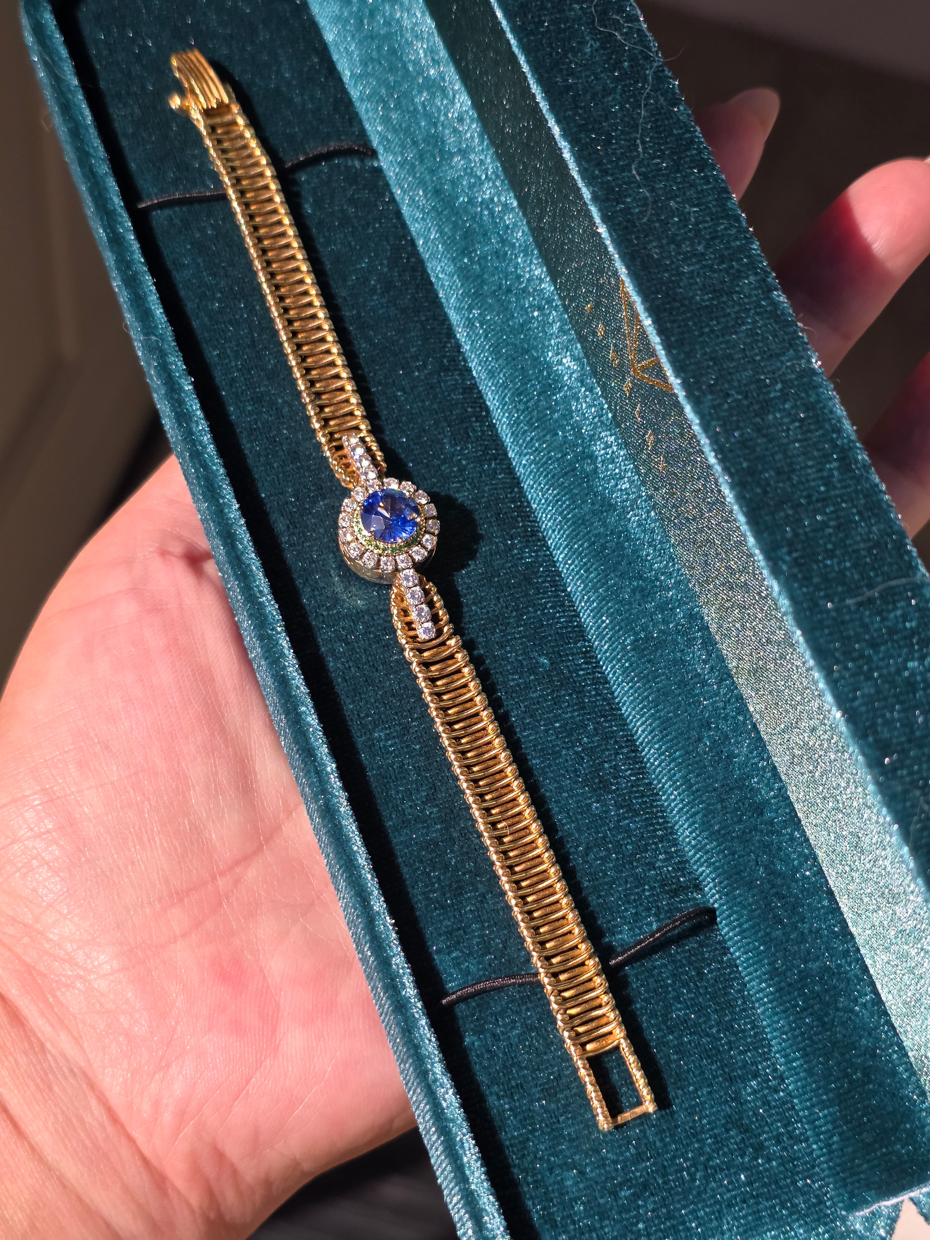 18k Solid Gold Vintage Jaeger Lecoultre Watch Ceylon Sapphire Bracelet | Indulgems