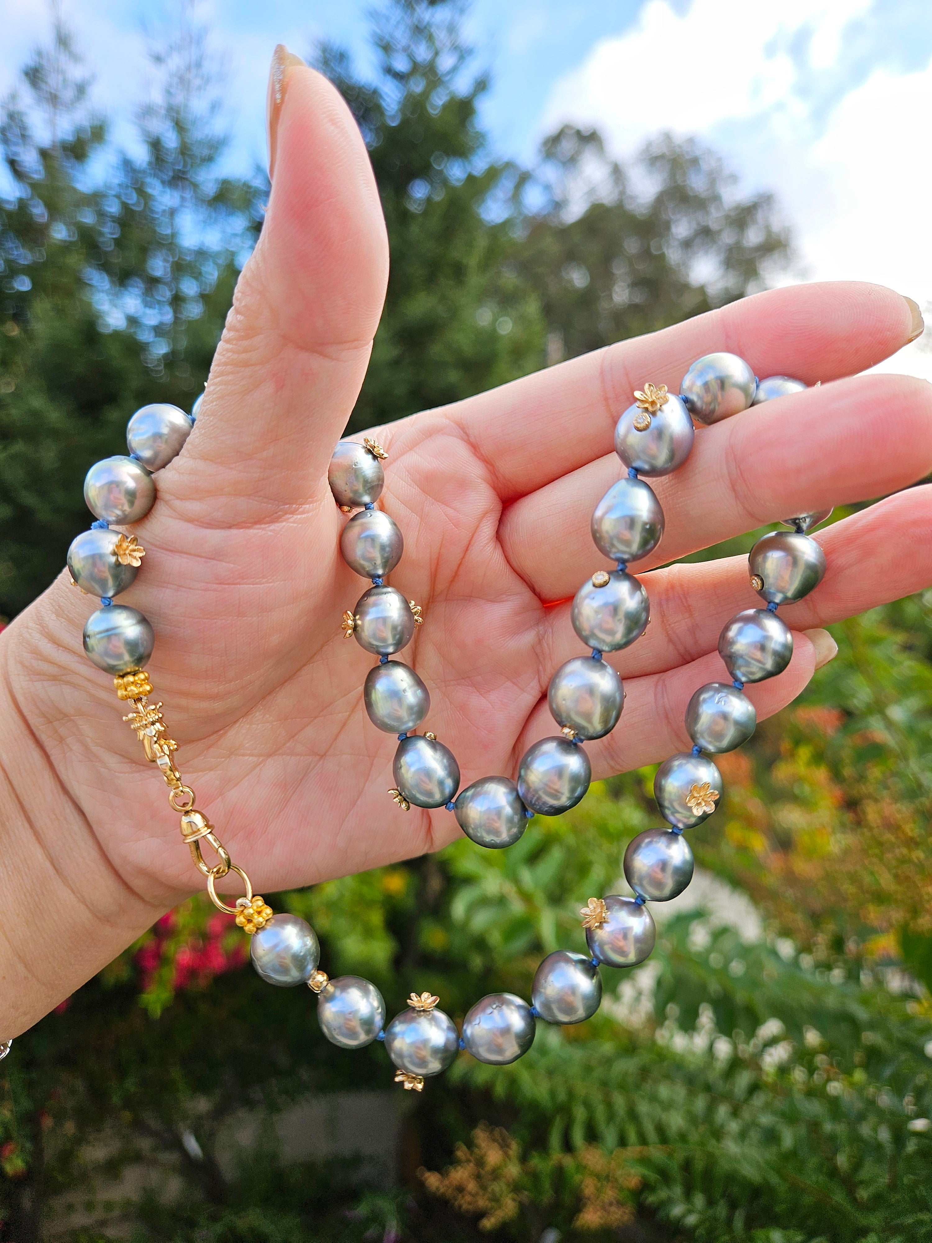 18K Solid Gold Natural Silver Tahitian Pearl Necklace with Small Flowers, Diamonds & Antique inspired Hand Fist Clasp 18"