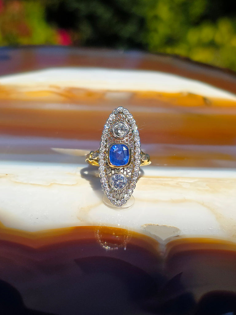18k Yellow Gold & Platinum Cornflower Blue Sapphire Diamond Navette Ring Size 8 | Indulgems | Antique Vintage