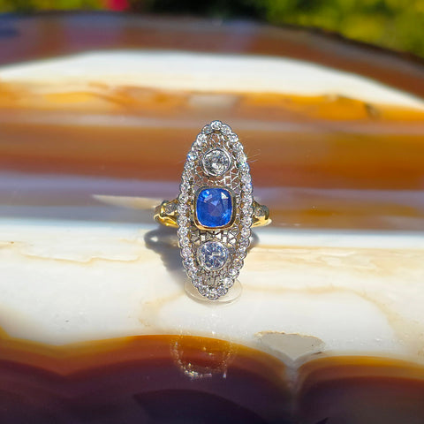 18k Yellow Gold & Platinum Cornflower Blue Sapphire Diamond Navette Ring Size 8 | Indulgems | Antique Vintage