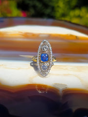18k Yellow Gold & Platinum Cornflower Blue Sapphire Diamond Navette Ring Size 8 | Indulgems | Antique Vintage