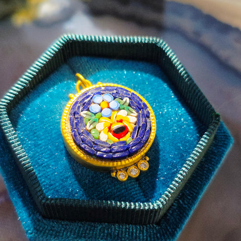 24K Gold Micro Mosaic Pendant with Diamond & Sterling Silver - Blue Flower