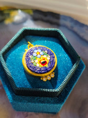 24K Gold Micro Mosaic Pendant with Diamond & Sterling Silver - Blue Flower