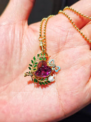 18k Yellow Gold Antique Rock Crystal Locket Brooch with Enameled Leaf Branches, Ribbon Bow & White Dove | Indulgems