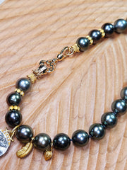 18k Solid Gold Tahitian Pearl Necklace with 3 Charms Oxidized Sterling Silver Coin in 24k Gold