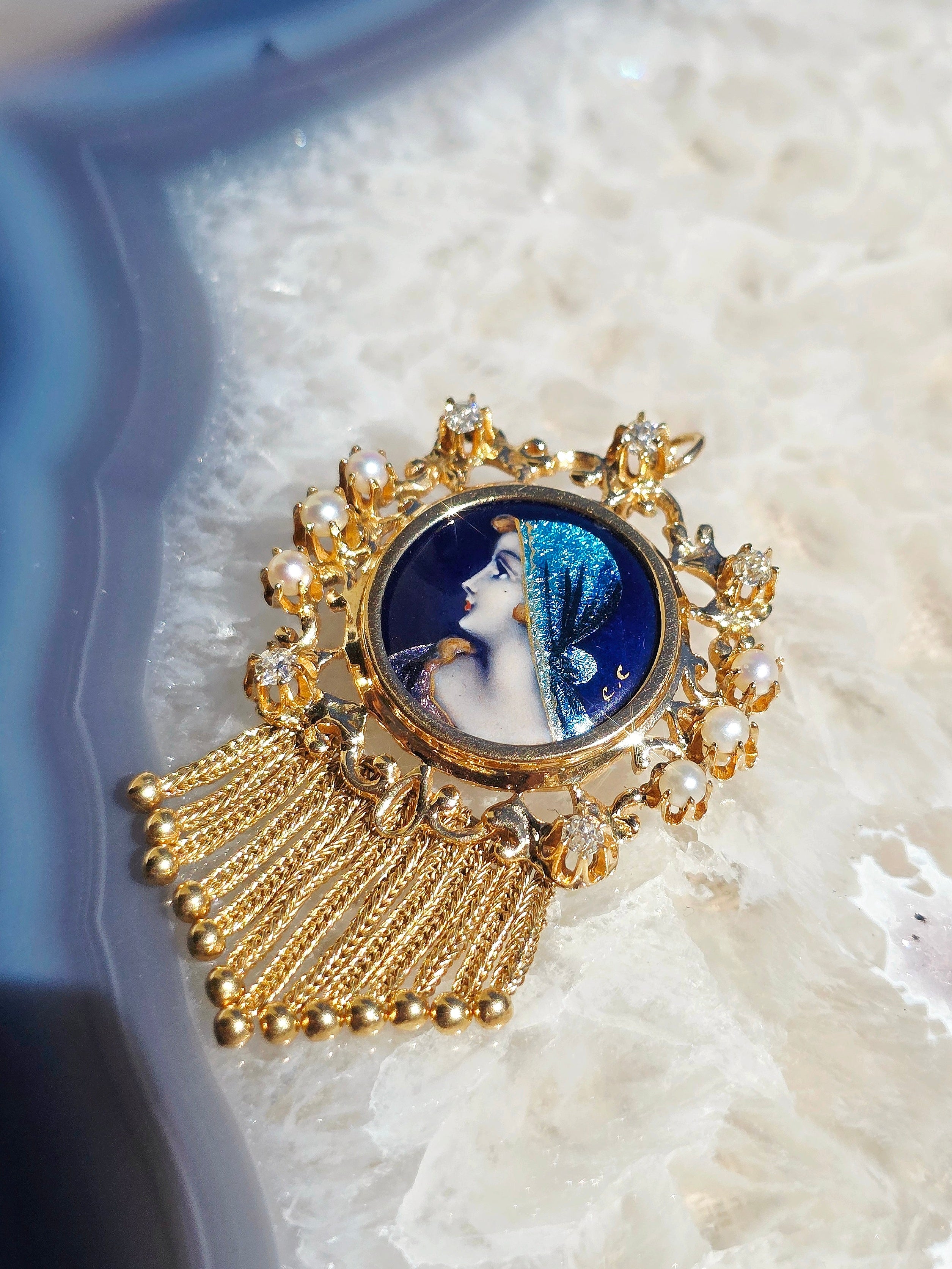 14k Yellow Gold Antique Enameled Bust Portrait Limoges Style Tassel Pendant Brooch | Indulgems
