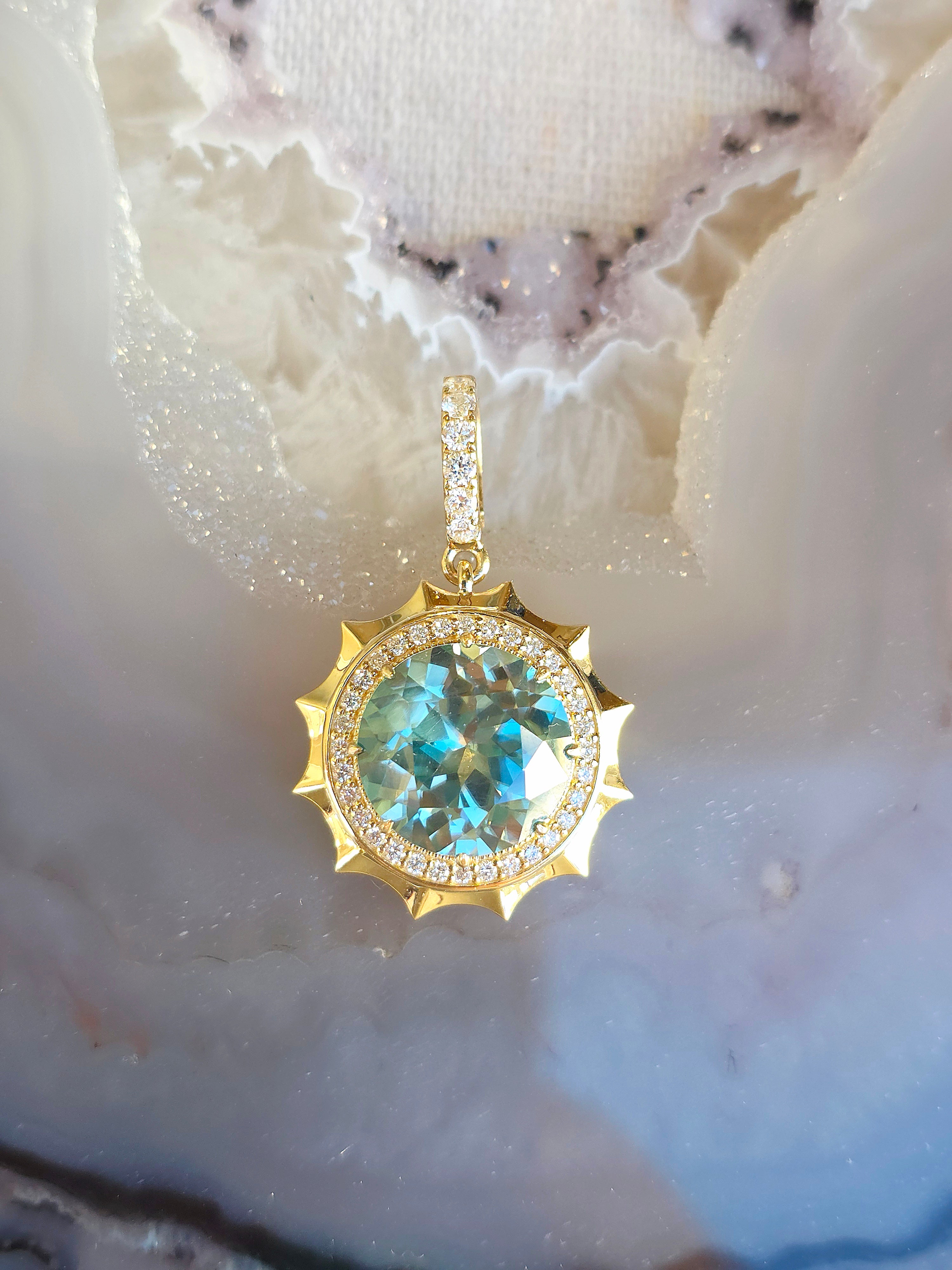 11.8ct Blue Zircon Aurora Halo Pendant in 14k Yellow Gold | Indulgems