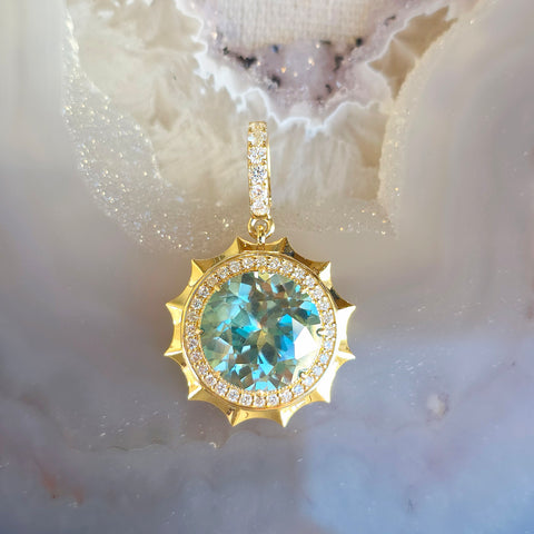 11.8ct Blue Zircon Aurora Halo Pendant in 14k Yellow Gold | Indulgems