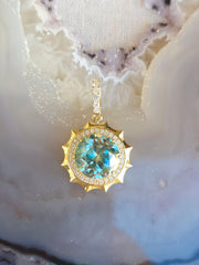 11.8ct Blue Zircon Aurora Halo Pendant in 14k Yellow Gold | Indulgems